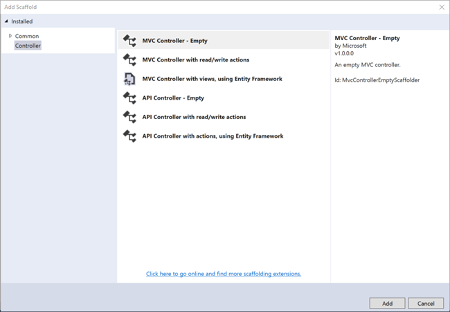 Visual Studio Add MVC Controller Postcode